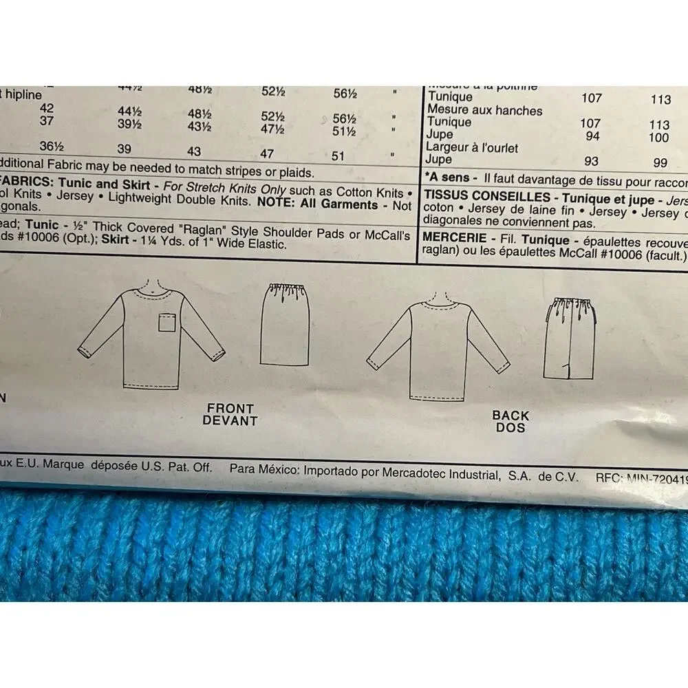McCalls 6485 Sewing pattern tunic long sleeve pencil skirt size Xs S M